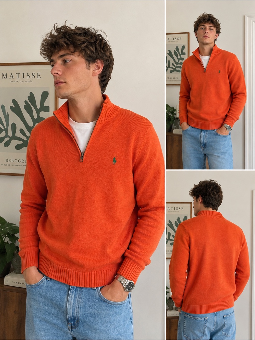 Vintage Polo Ralph Lauren Orange Quarter Zip Sweater Men XL Cotton Green Pony